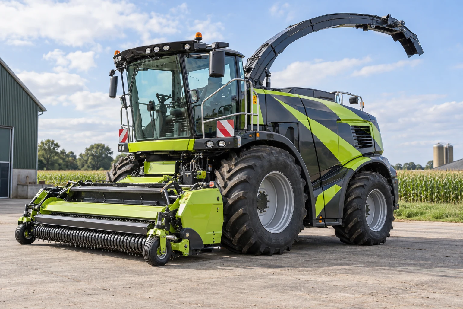 AI design example of a large agricultural machine with green and charcoal striping