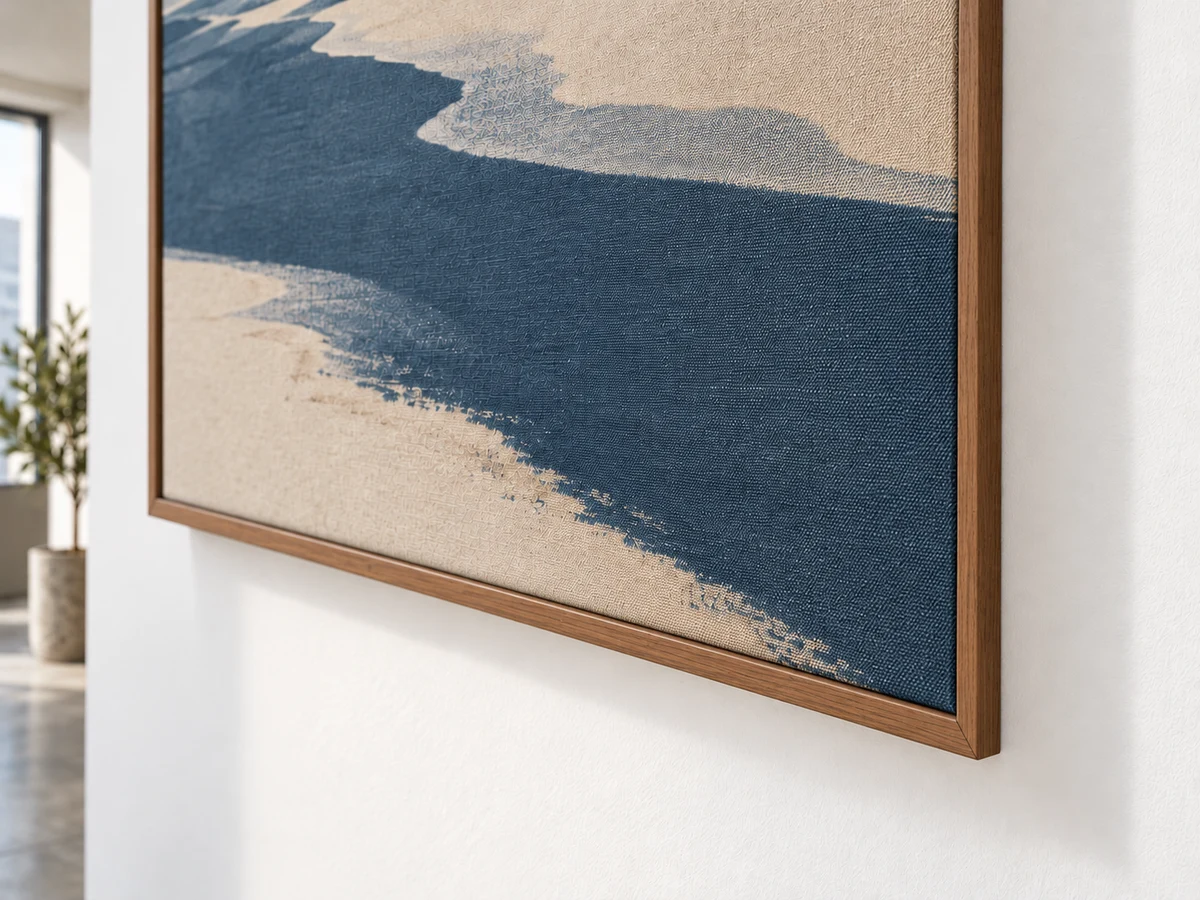 Timber textile frame with warm natural grain