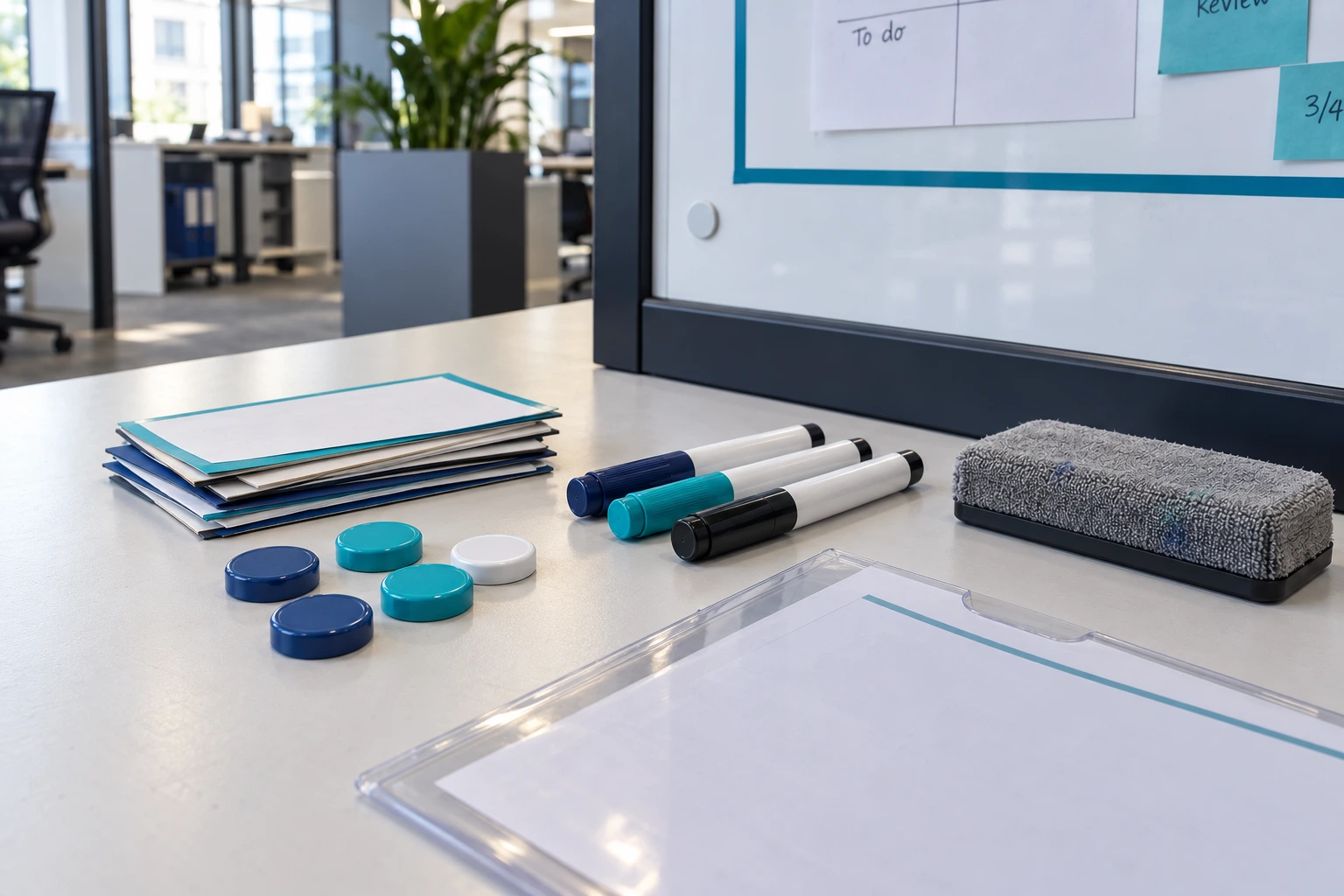 Detail of blank magnetic cards, document pockets and a marker holder on a board