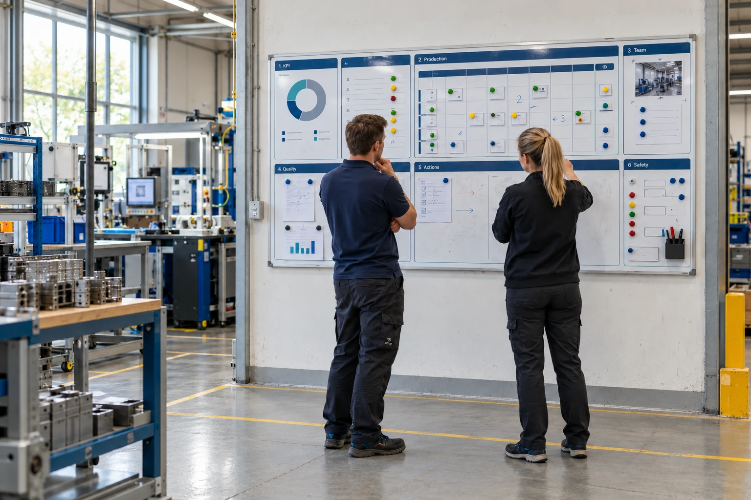 Daily meeting board with blank coloured sections beside a production workstation