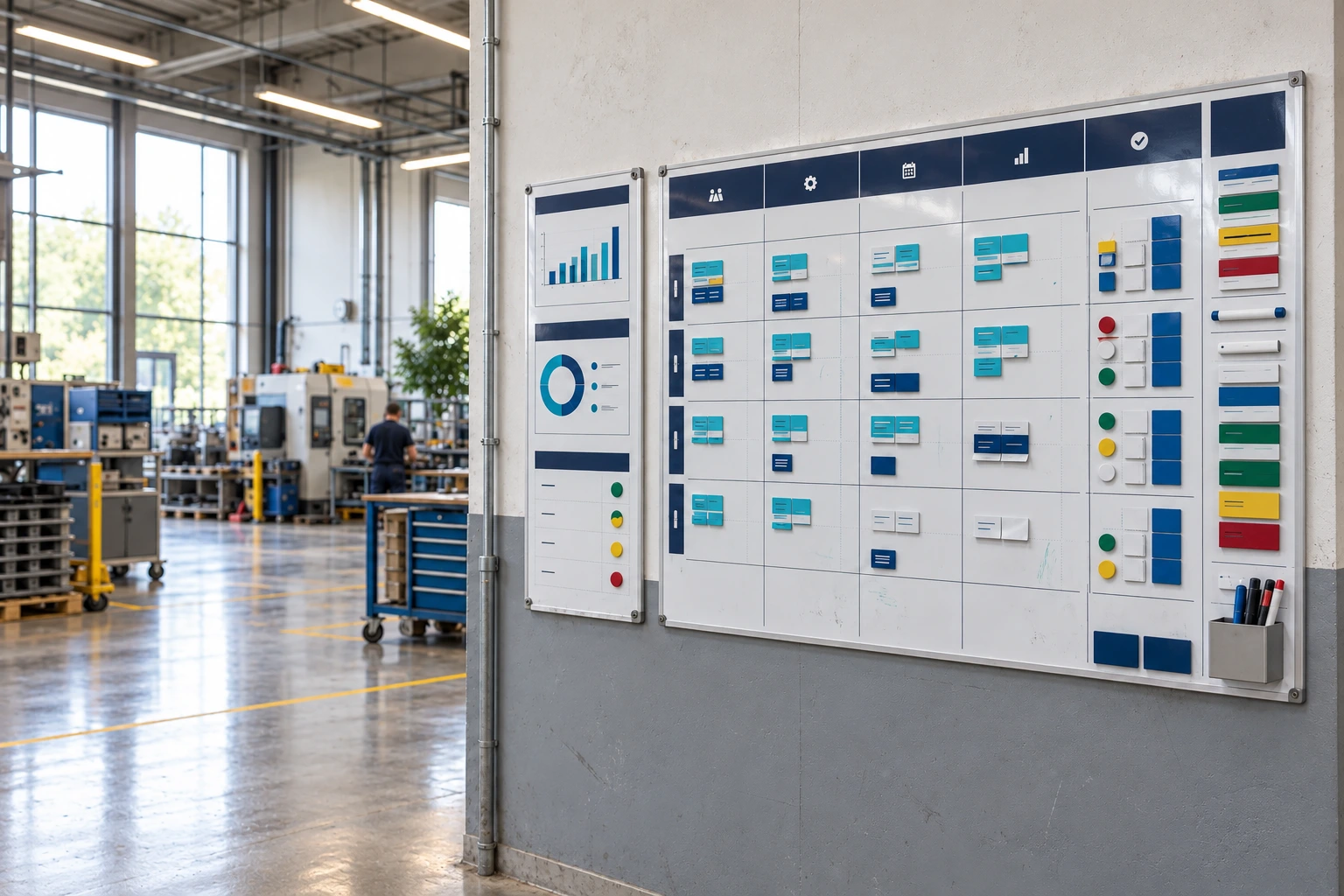 Large visual management board with neutral coloured sections in a bright production hall