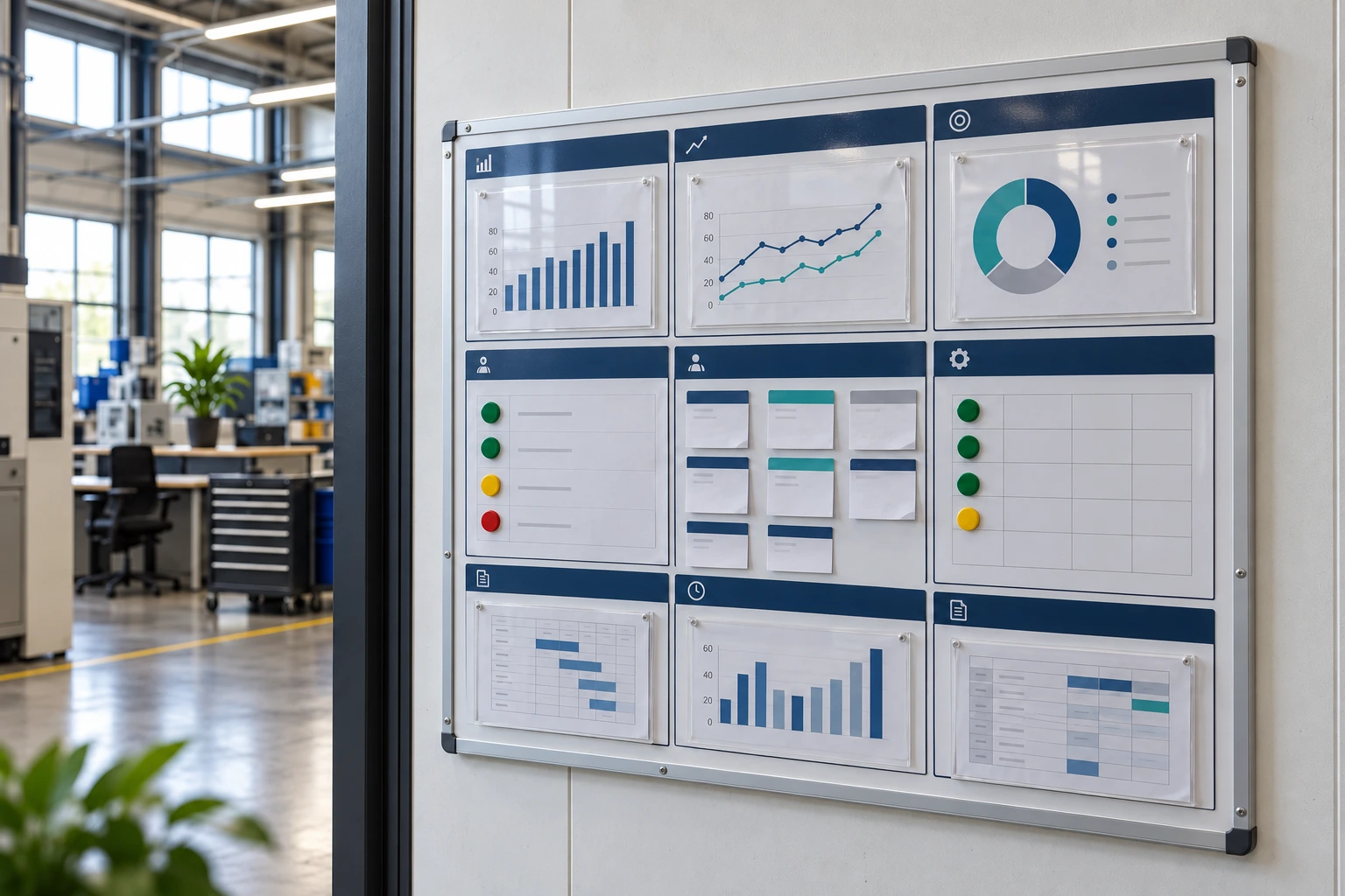 Progress board with neutral chart areas and blank document holders