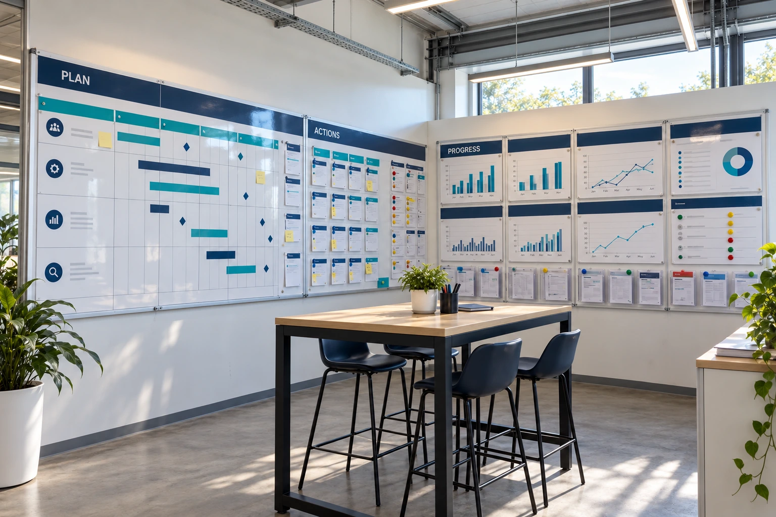 Project room with a wide wall of neutrally arranged information panels