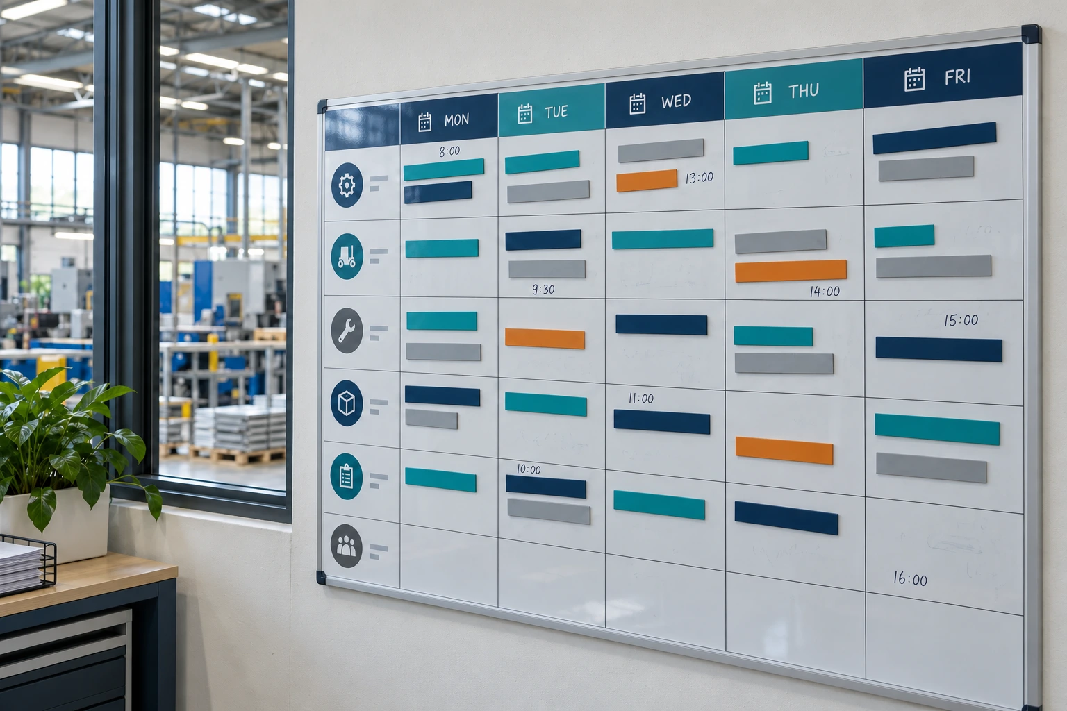 Wide weekly planning board with a neutral grid and coloured magnetic strips