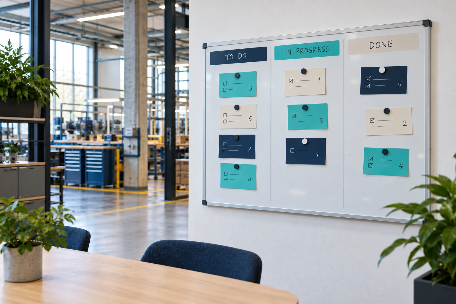 Task board with blank columns and coloured blank cards in an office