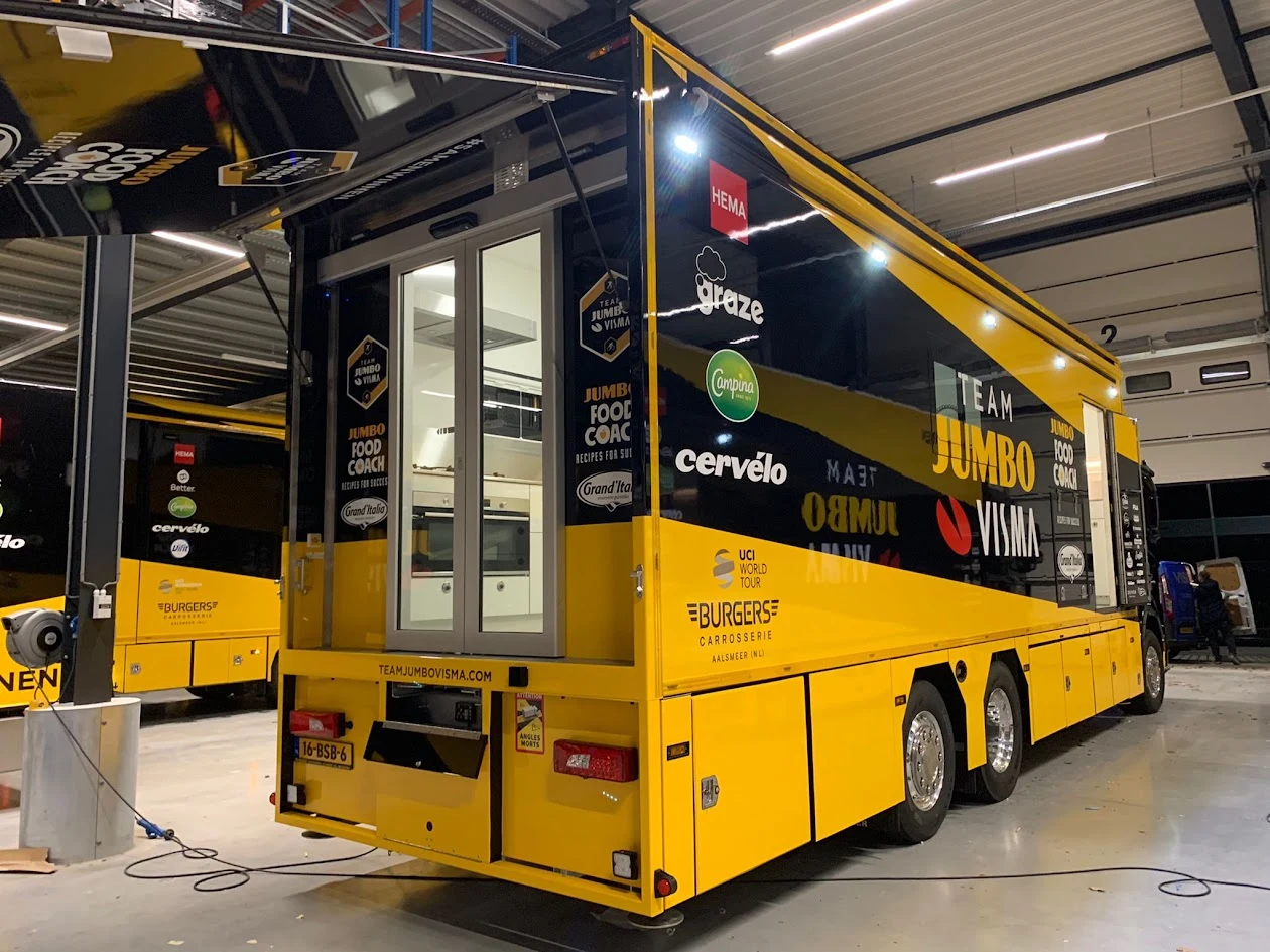 Team Jumbo-Visma lorry with yellow and black graphics and sponsor logos