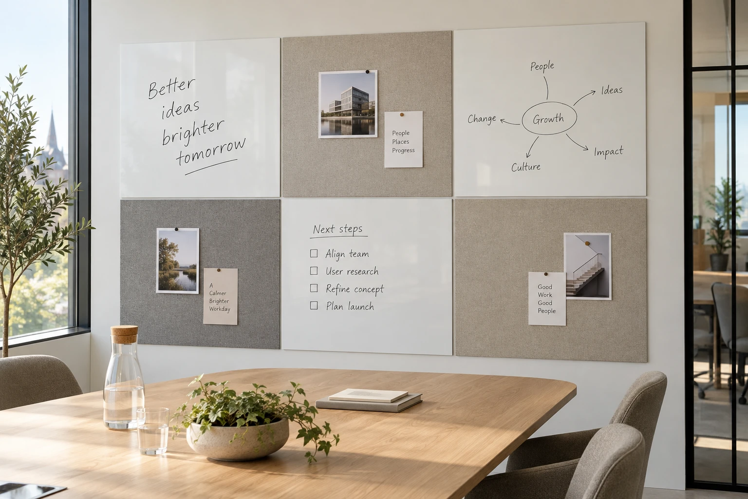 AI design example of rectangular whiteboard sections combined with beige and grey acoustic pinboard panels