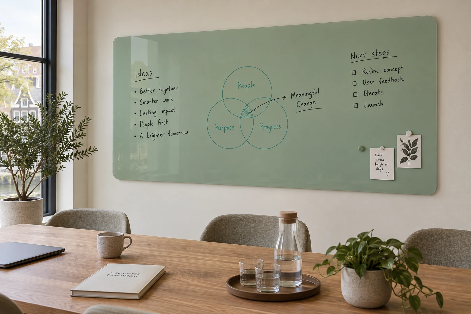 AI design example of a frameless sage-green matt glassboard with rounded corners and concealed wall mounting