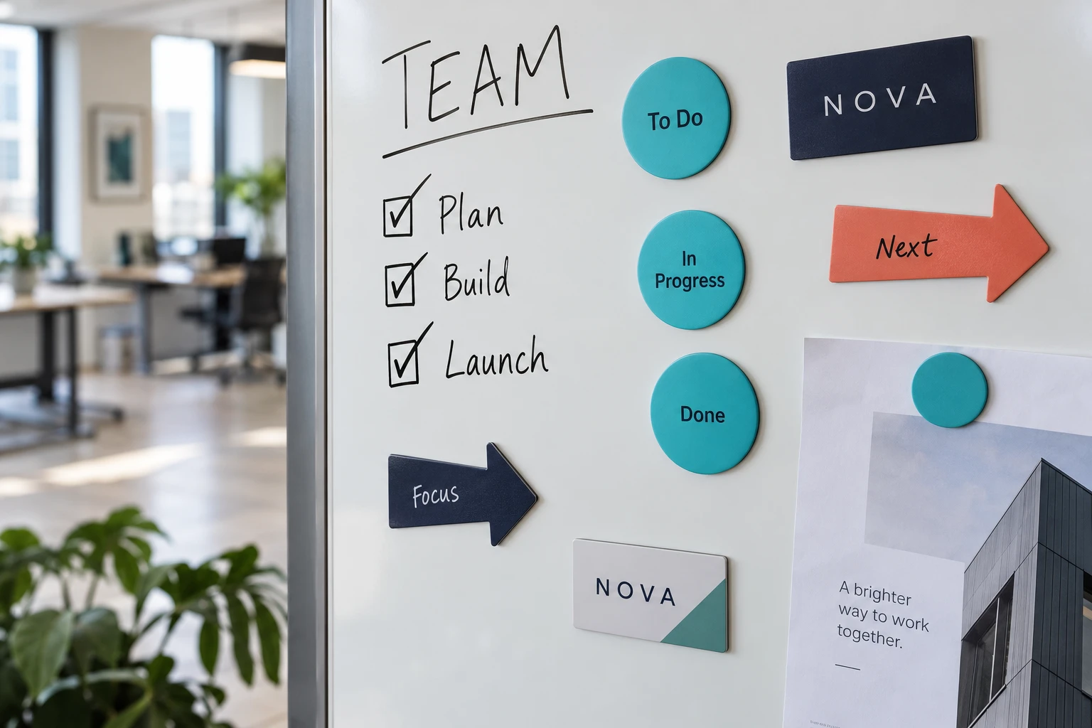AI design example of flat printed NOVA magnets and coloured status magnets on a whiteboard