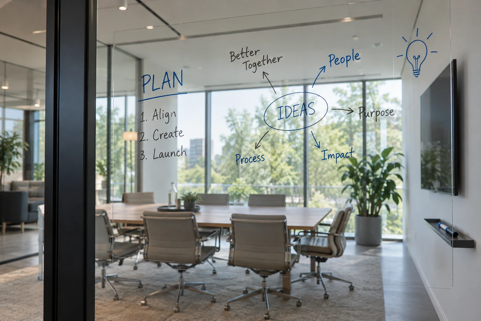AI design example of transparent whiteboard film on a meeting-room glass partition with a clear view through the glass