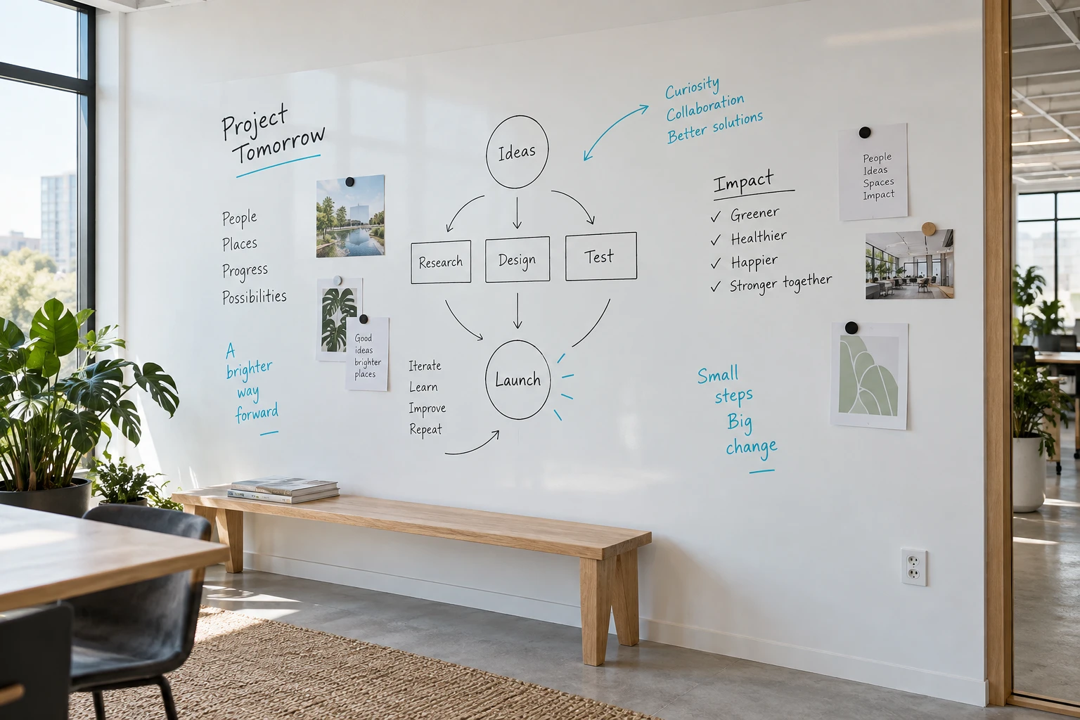 AI design example of a full whiteboard wall with notes and magnets