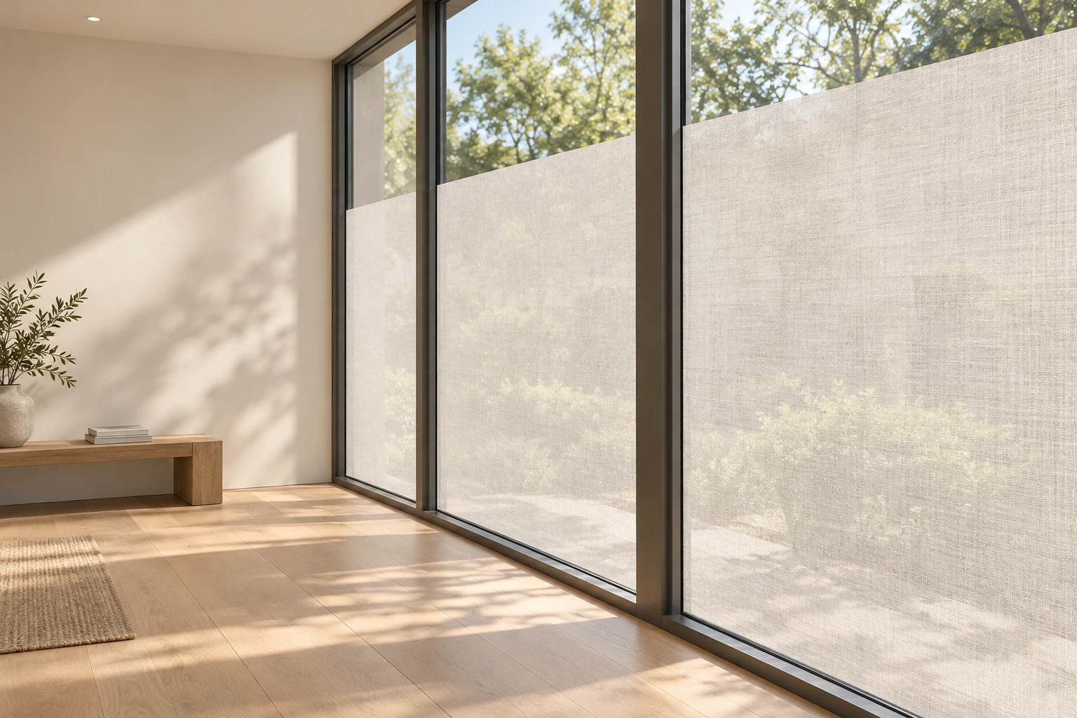 AI design example of light woven window textile applied directly to large panes, with a clear strip above and softly filtered daylight