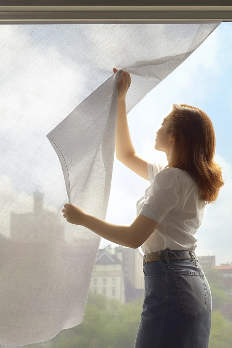 Veilish window textile being applied directly to a window