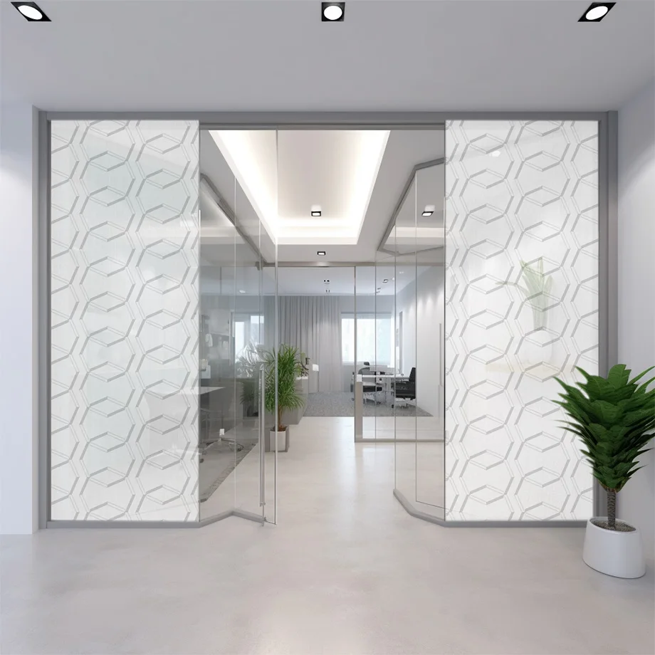 Glass partition with a fine line pattern on window textile