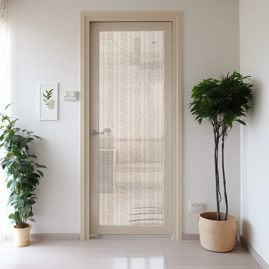 Woven window textile on a tall narrow glass door