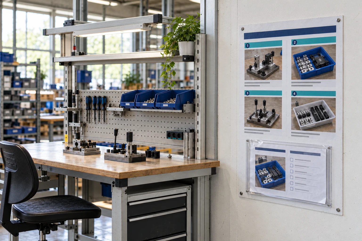 Bord met verwisselbare blanco instructiebladen naast een stilstaande machine