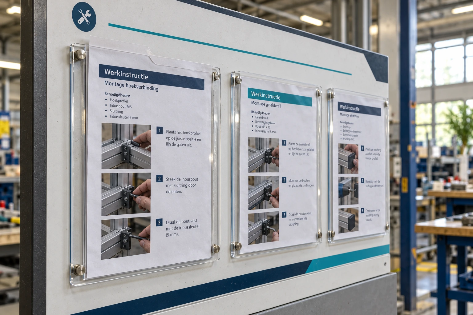 Informatiebord met een geordende reeks blanco documenten in transparante houders