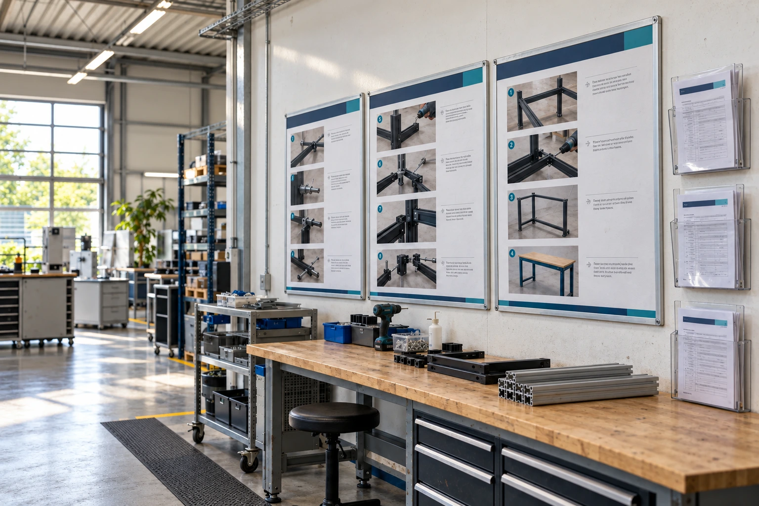 Werkinstructiebord met neutrale afbeeldingsvakken naast een nette assemblagewerkplek