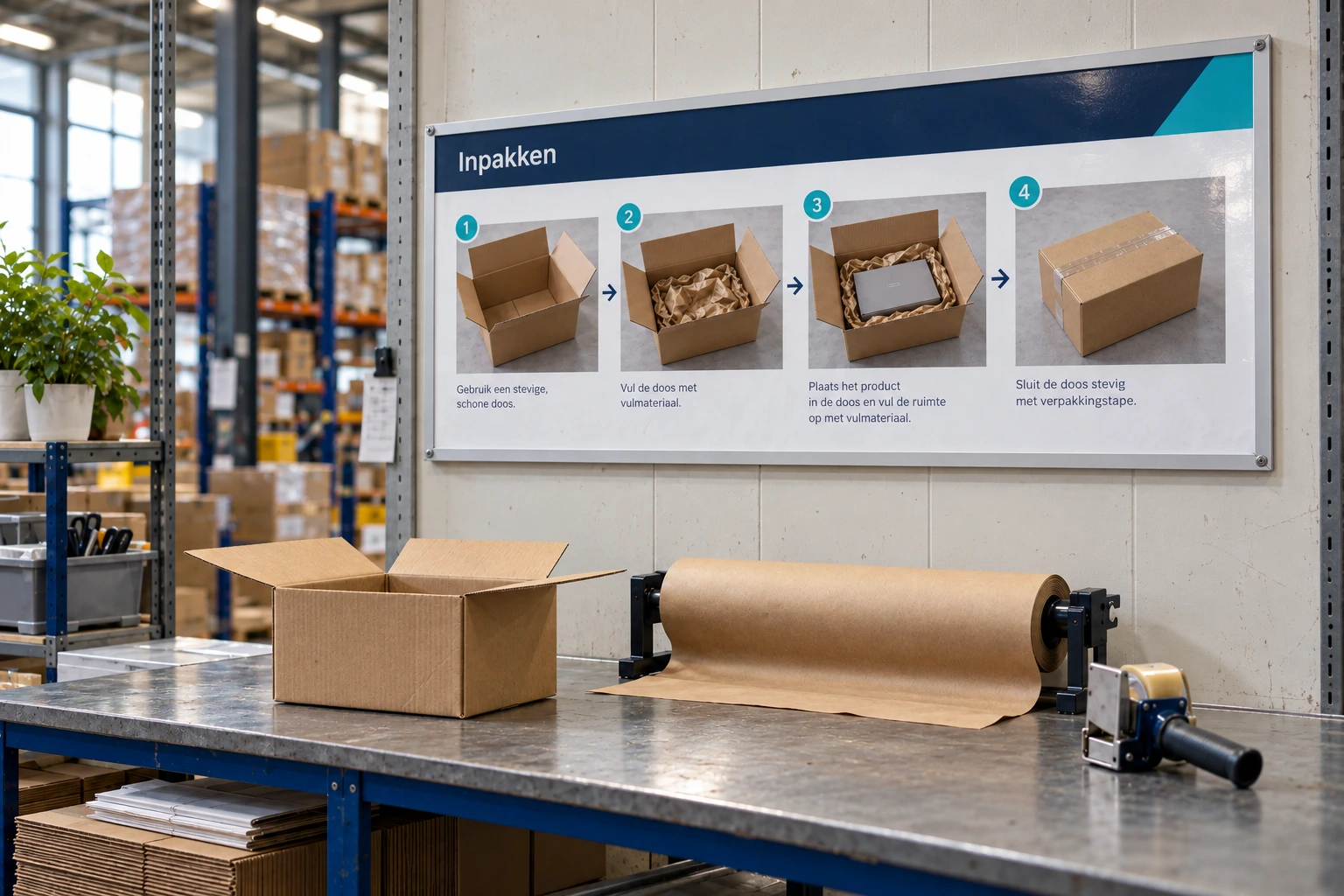 Procesbord met neutrale pictogramvlakken boven een inpaktafel in een magazijn