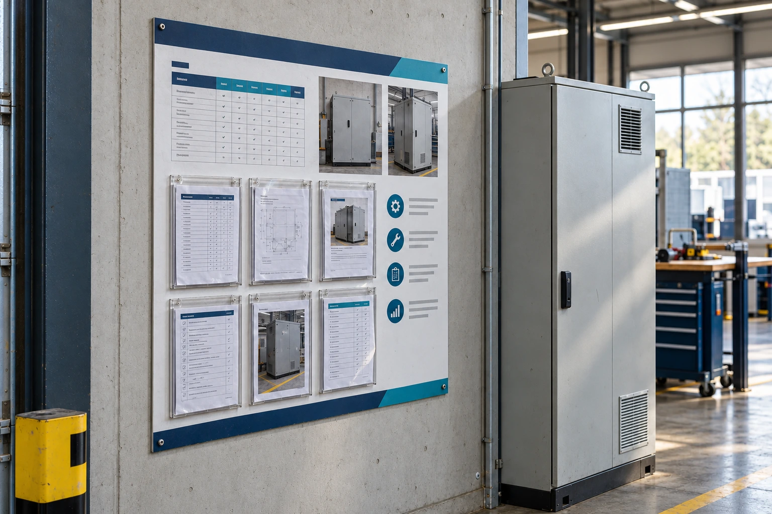 Compact instructiepaneel met neutrale stappenindeling bij een technische werkplek