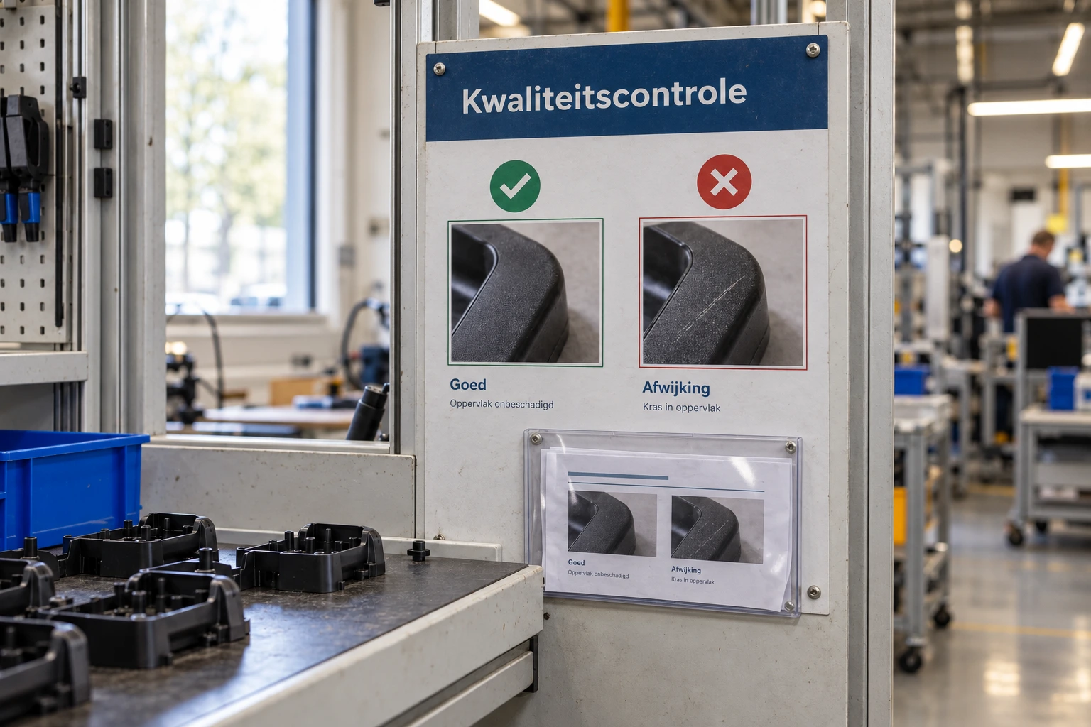 Controlebord met neutrale beeldvlakken en documenthouders bij een productielijn