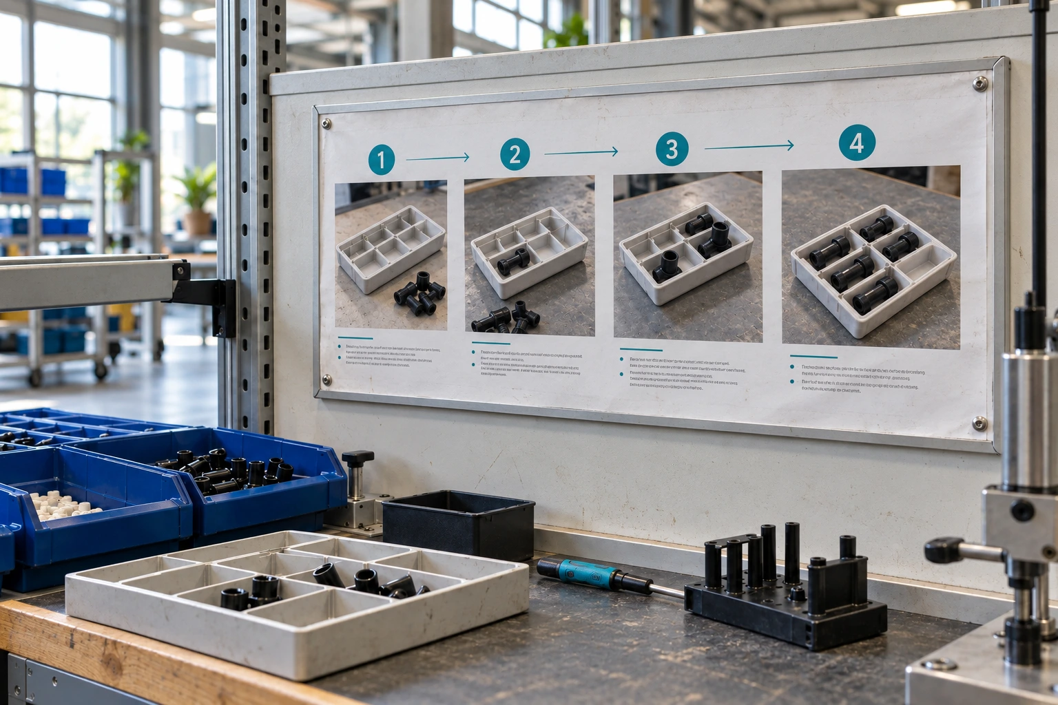 Assemblagebord met een reeks neutrale foto- en stapvlakken naast een werkbank