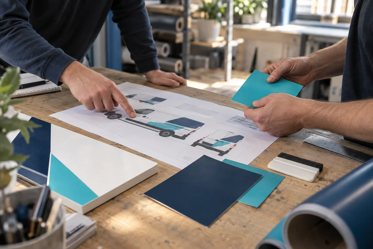 Conceptbeeld van handen die signingmateriaal en een voertuigontwerp bespreken.